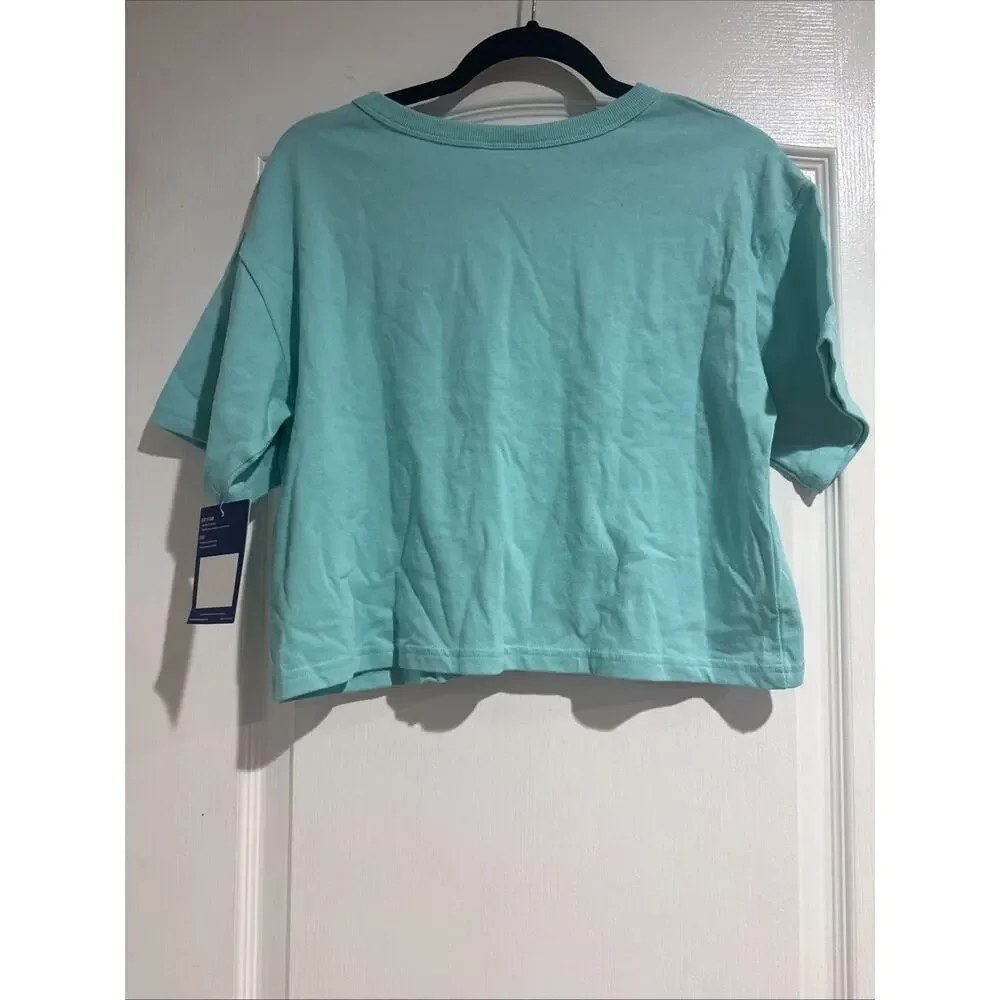 NWT Champion Women's Reverse Weave Heritage Crop Tee Embroidered Logo Aqua Small